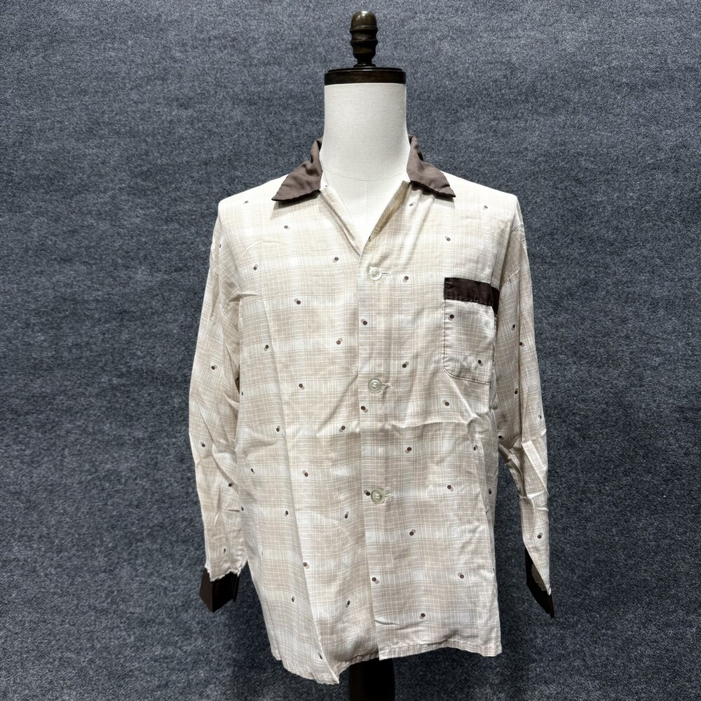 Vintage BVD Pajama Shirt Mens XL Camp Collar Plaid Dot Print Contrast Trim